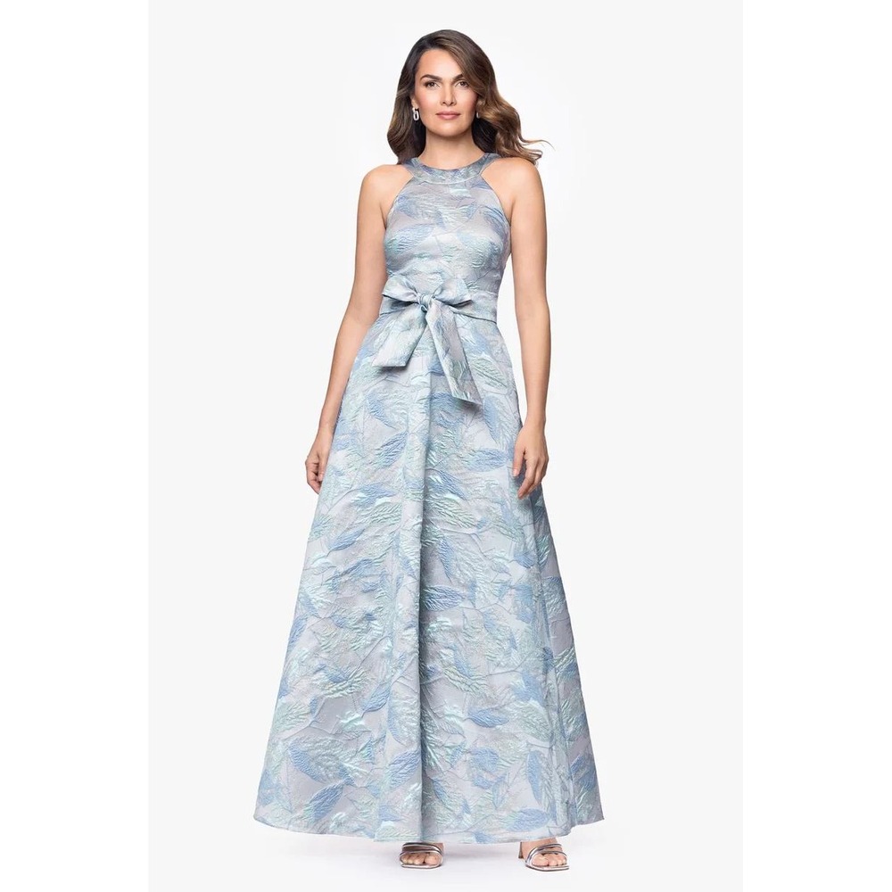 Betsy & Adam Brocade Halter Long Evening Dress A27854 Sage Gold Leaf Size 16 NWT